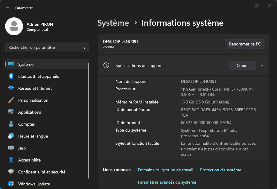 informations système Windows 11 système d'exploitation microsoft