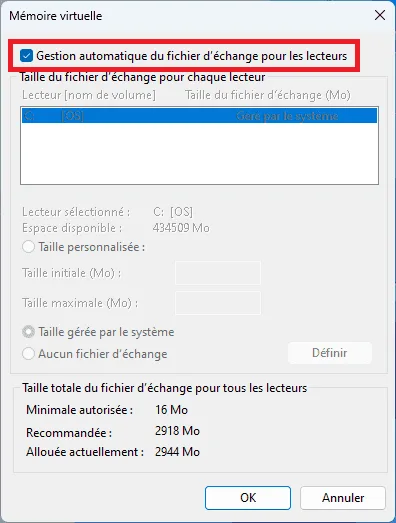 désactiver mémoire virtuelle automatique Windows