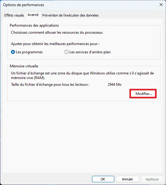 modifier quantité de mémoire virtuelle Windows