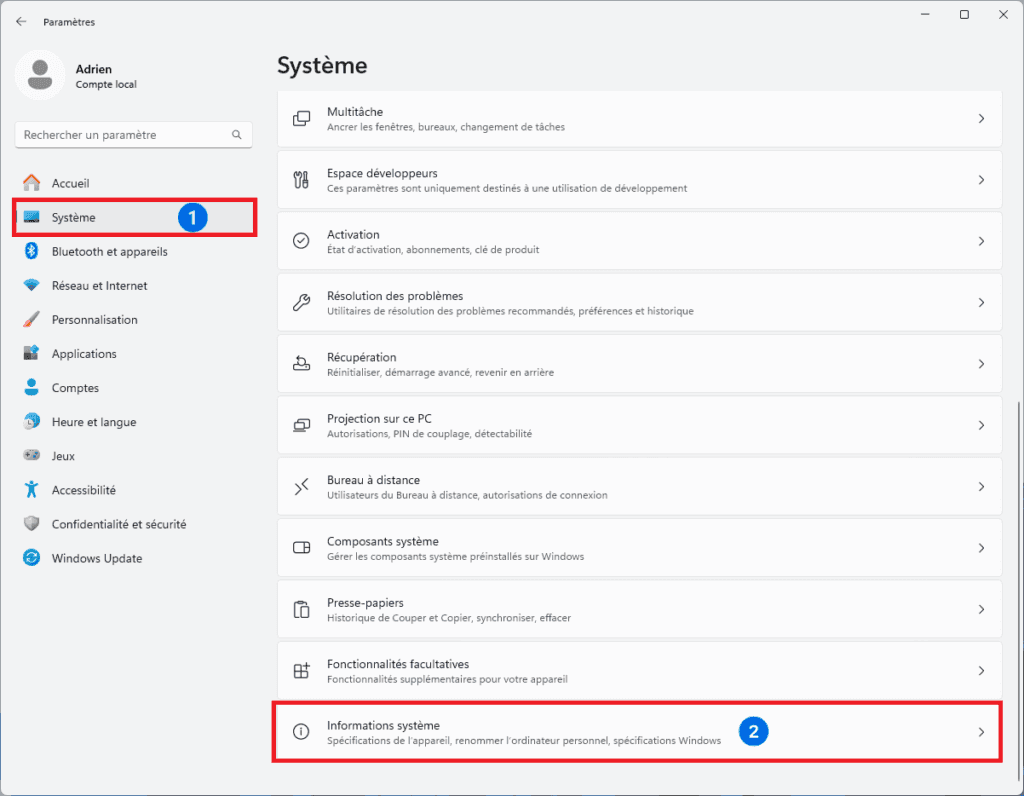 paramètre windows 11 informations système