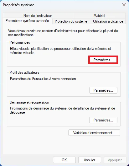 propriétés système performances Windows