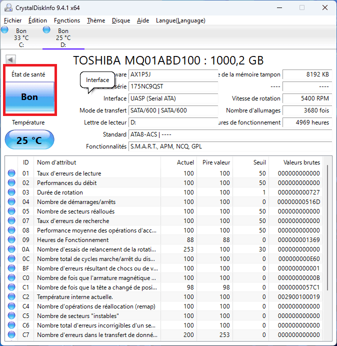 CrystalDiskInfo pour tester votre disque dur