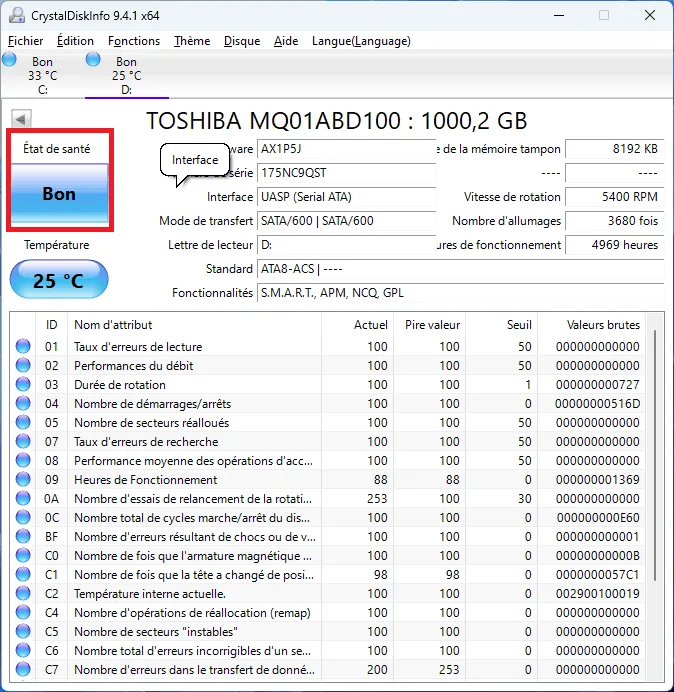CrystalDiskInfo pour tester votre disque dur