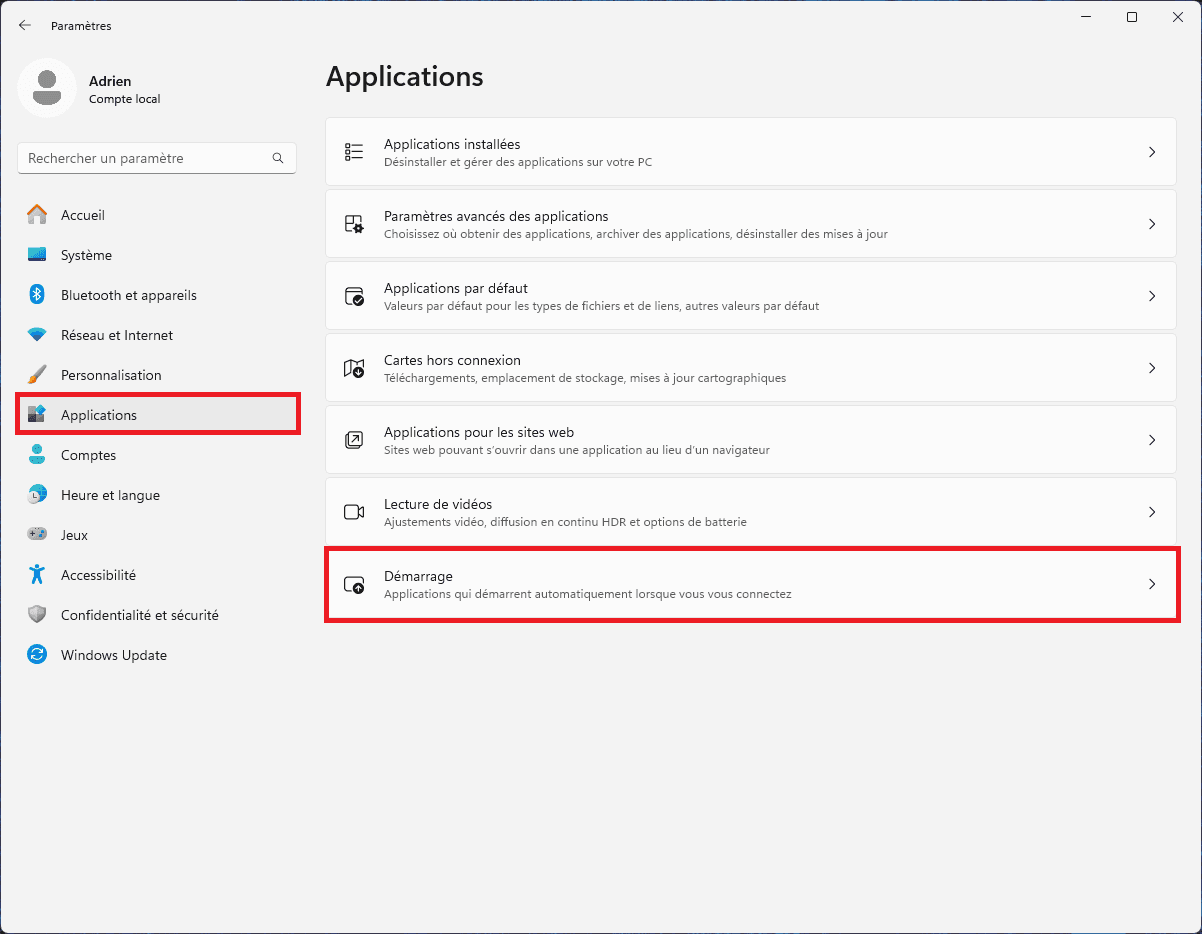 paramètres windows applications démarrage