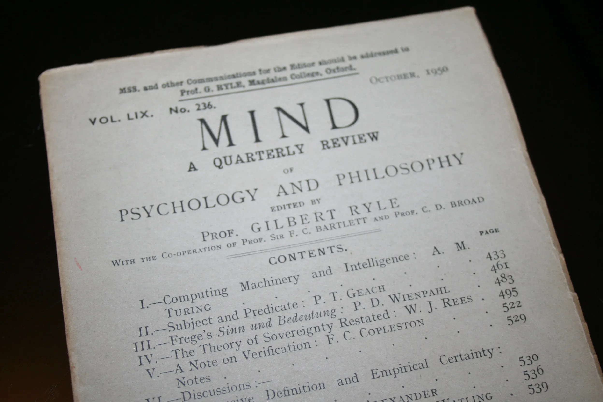 Alan Turing 'Computing Machinery & Intelligence' 1st Edition Mind October 1950