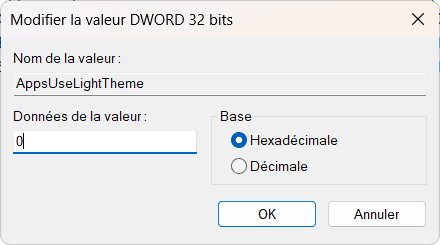 AppsUseLightTheme regedit windows 11 thème sombre