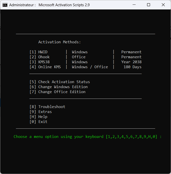 Interfaz principal del script de activación de Microsoft