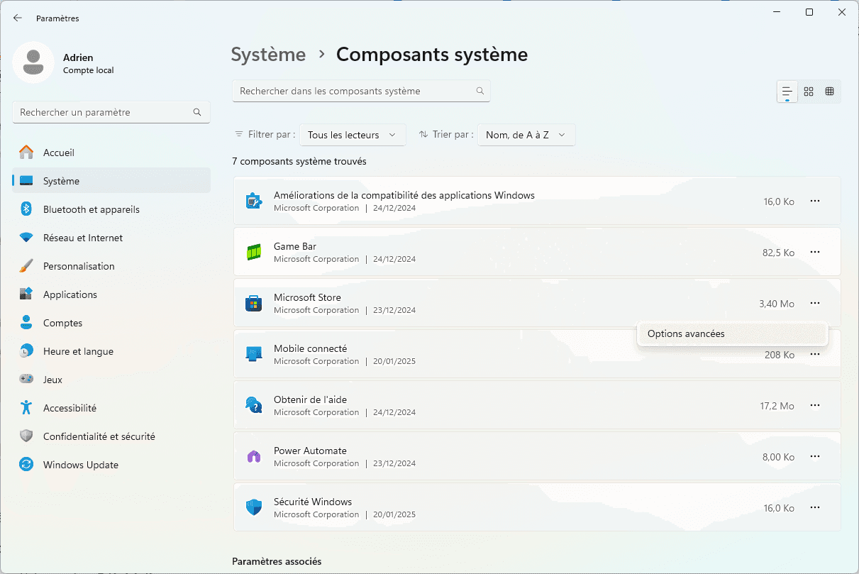 System components settings Windows 11