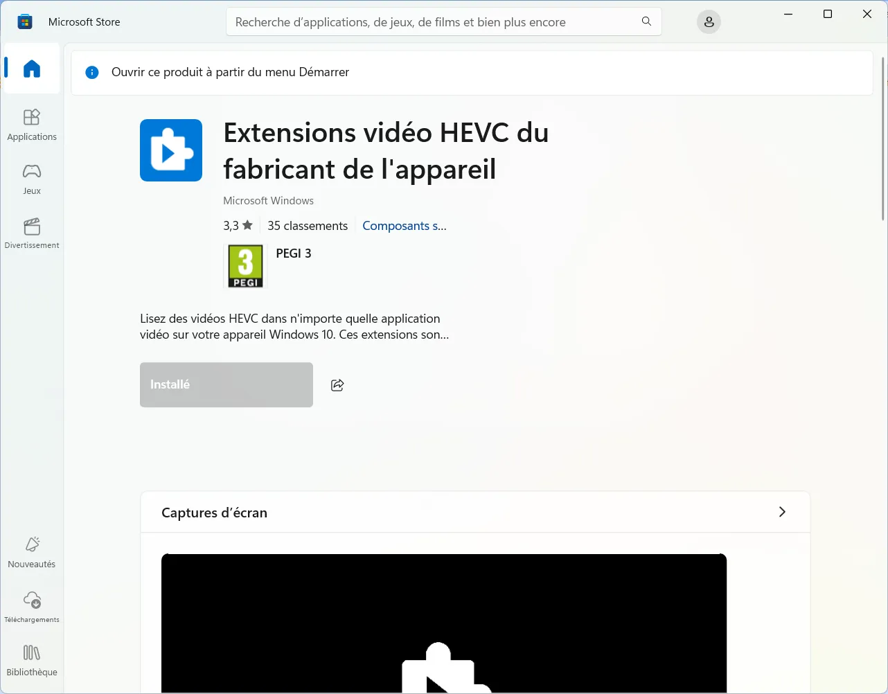 Extensões de vídeo HEVC Windows 11 Microsoft Store