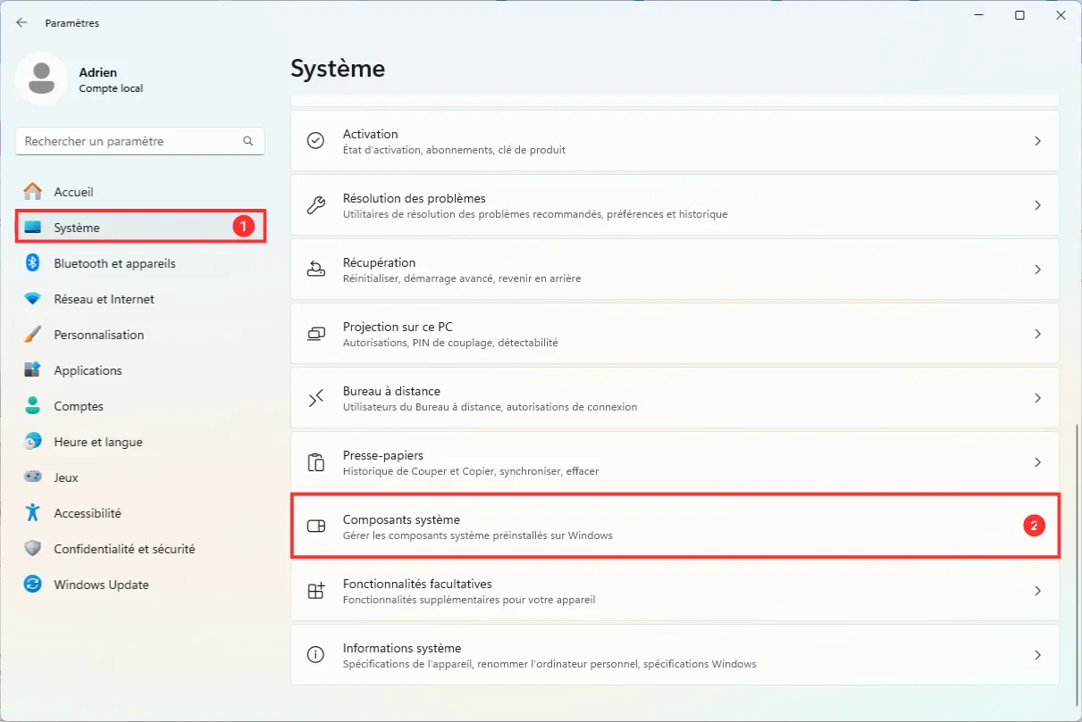 composants système paramètres windows 11