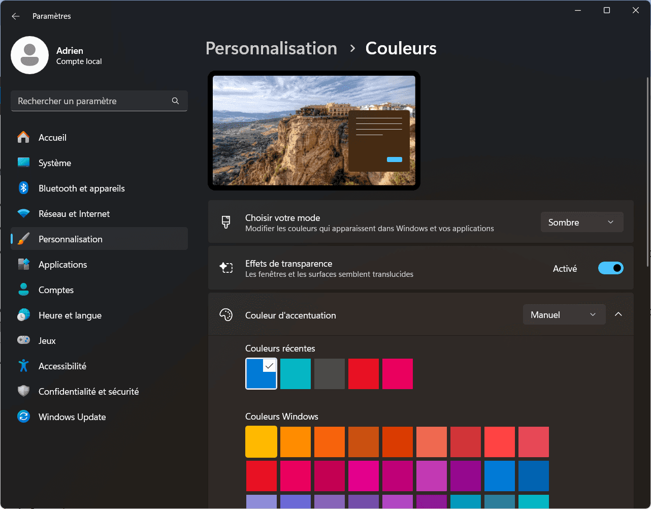 dark mode activé sur windows 11