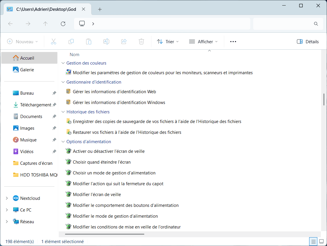 GodMode settings on Windows 11