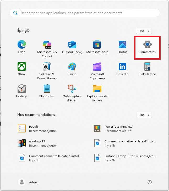 Gear icon in the Start Menu to open Windows Settings