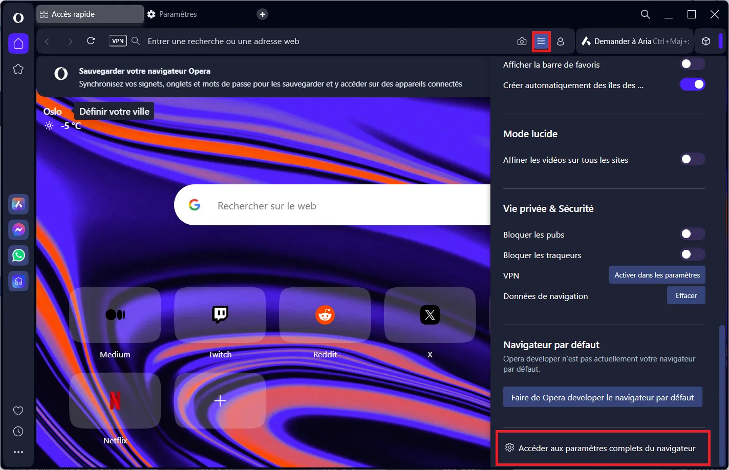 Menu principal d’Opera accessible via les trois traits en haut à droite.