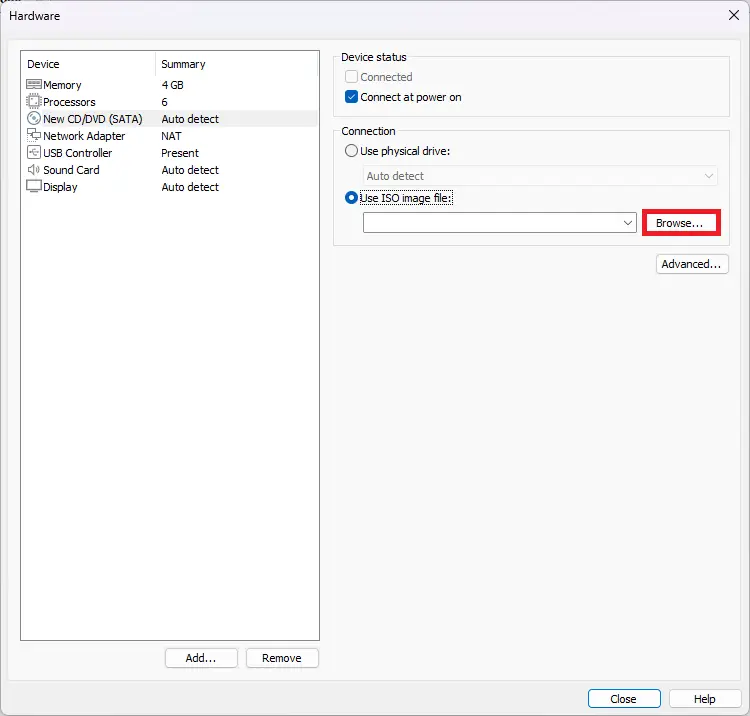 Configuración del lector CD/DVD ISO para la máquina virtual