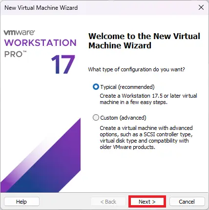 Asistente para crear una máquina virtual en VMware Workstation Pro 17