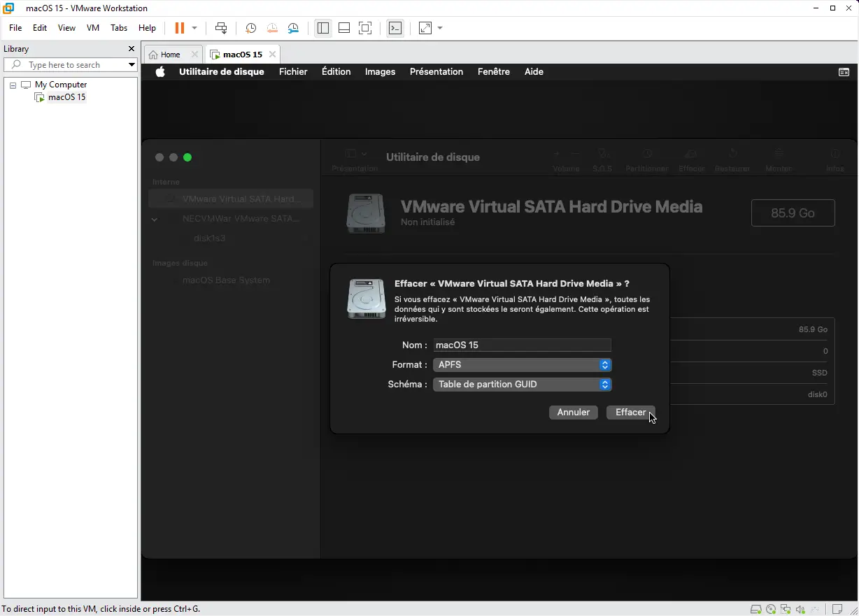 Formatage disque virtuel macOS 15 avec le format APFS et la table de partition GUID dans l'Utilitaire de disque
