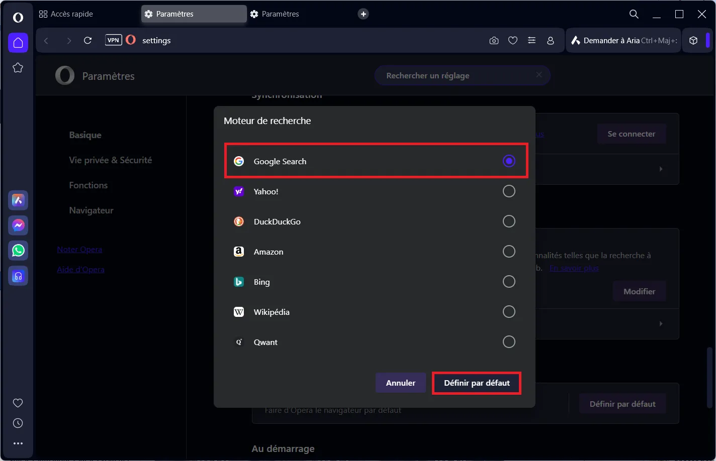 Opéra définir navigateur par defaut