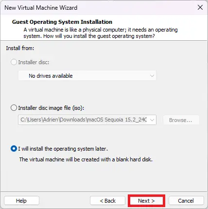 sélection du support d'installation du système d'exploitation sur VMware Workstation