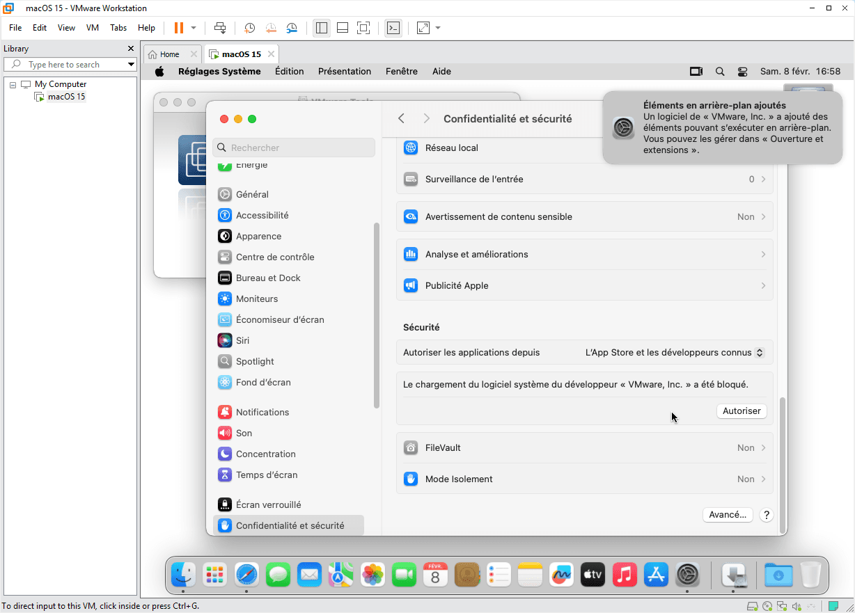 Réglages de confidentialité et sécurité sur macOS 15 dans VMware Workstation avec blocage du logiciel VMware