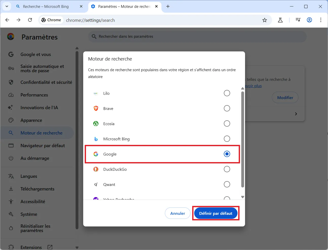 Lista de motores de búsqueda populares disponibles en Chrome.