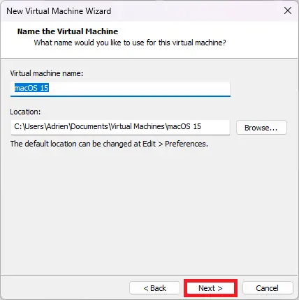 configuration du nom et de l’emplacement de la machine virtuelle macOS 15