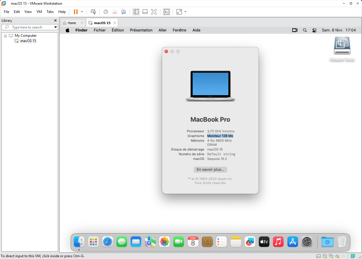 MacBook Pro virtuel sous macOS 15 sur VMware Workstation avec processeur inconnu et 128 Mo de mémoire vidéo