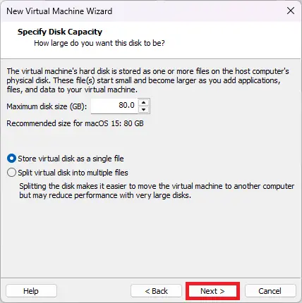 Configuration de la taille du disque virtuel pour macOS 15 dans VMware