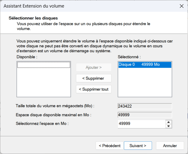 Ajout de l’espace non alloué à la partition principale.