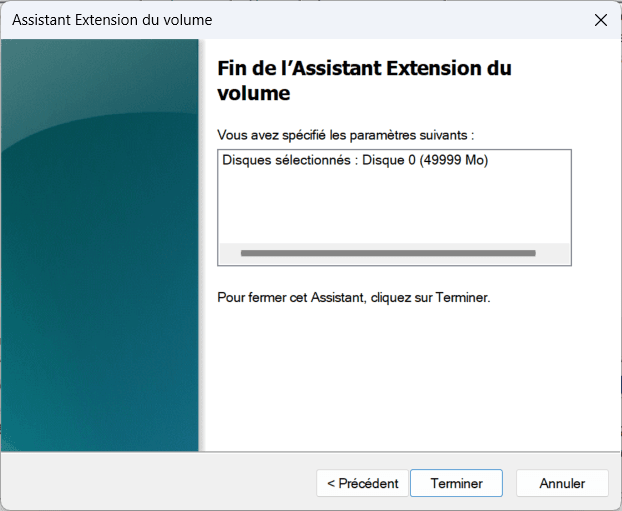 Confirmation des paramètres d’extension du volume.