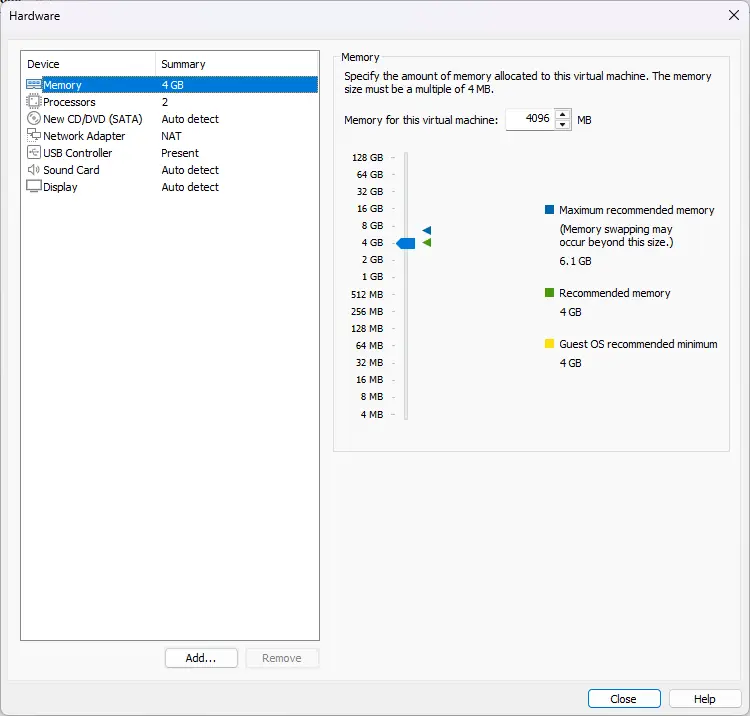 Configuration de la mémoire RAM pour la machine virtuelle