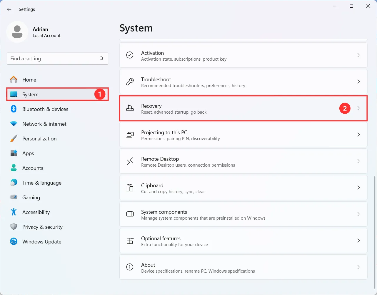 Access Windows recovery options from Settings