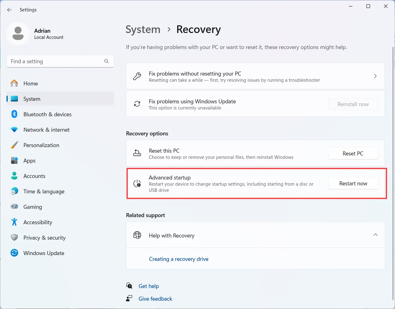 Advanced startup' to access BIOS/UEFI without using a startup key