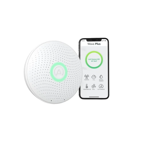 Airthings 2930 Wave Plus montrant les données de surveillance de la qualité de l’air