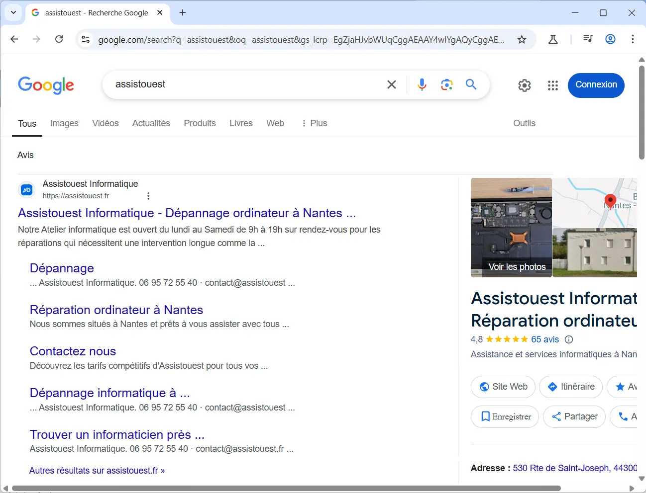 Les résultats de la recherche s'affichent bien sur Google