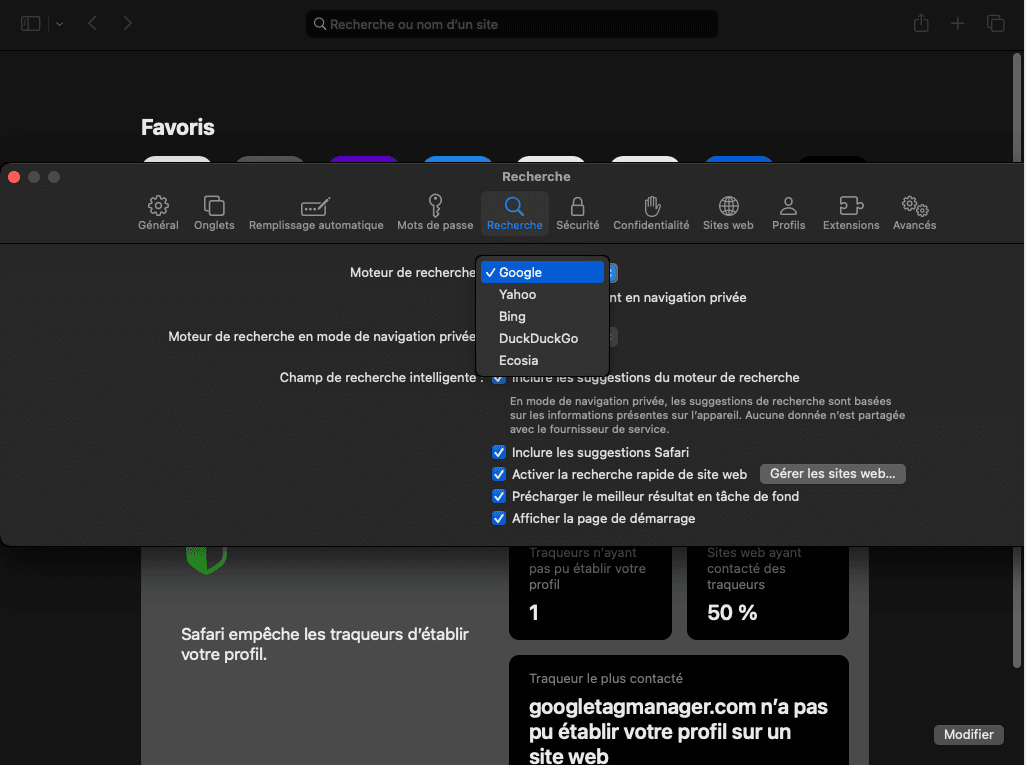 définir un moteur de recherche pour la navigation sur Safari.