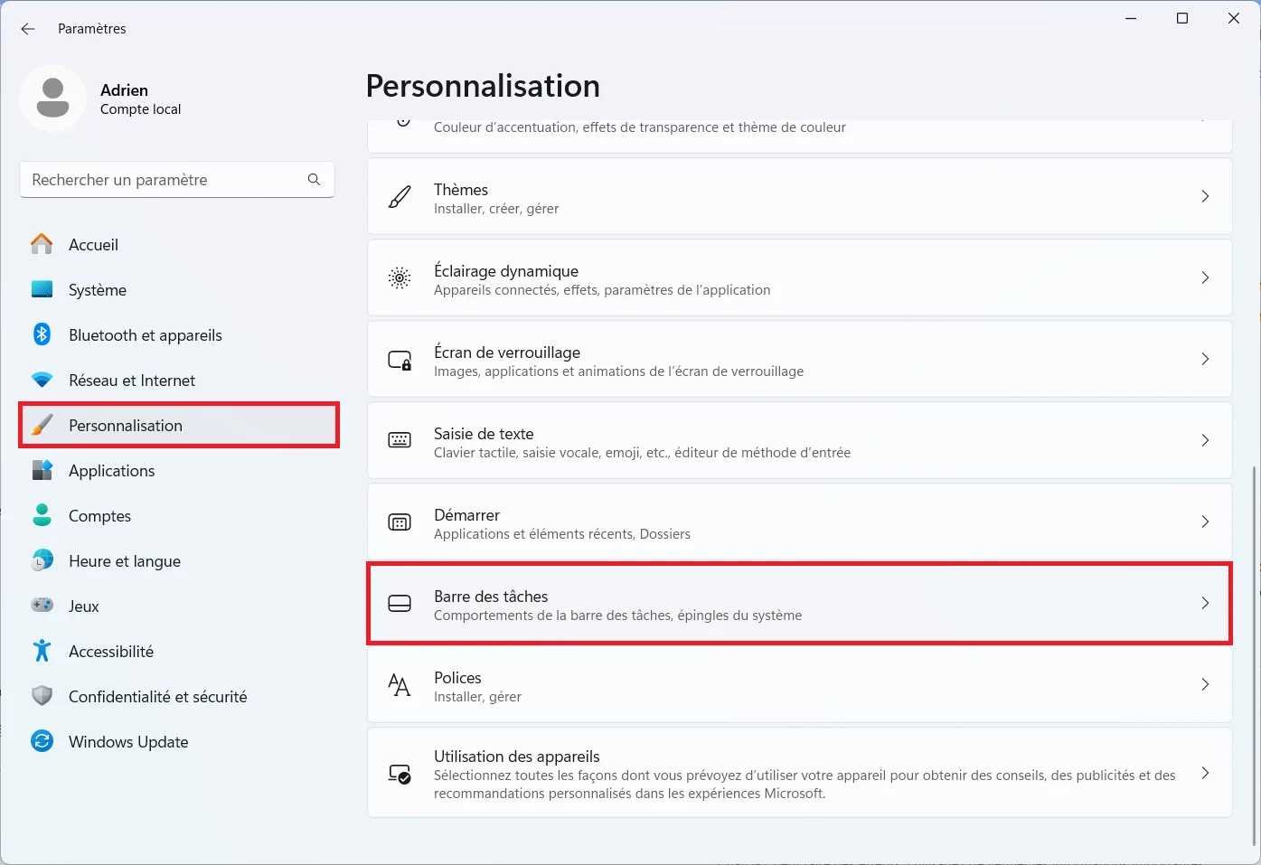 Désactivez les widgets dans la barre des tâches via les paramètres de personnalisation