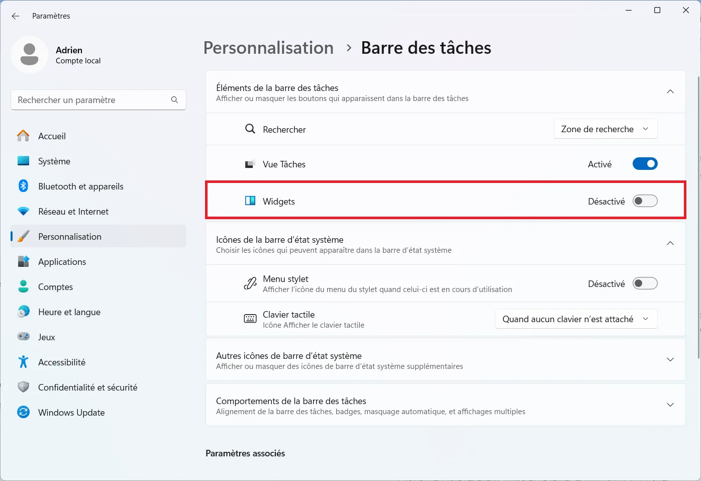 paramètres de la barre des tâches Windows 11