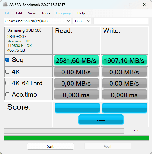 AS SSD Benchmark sequential read and write speed test