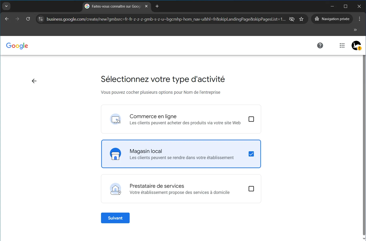 Choisissez le type d’activité local, en ligne ou à domicile
