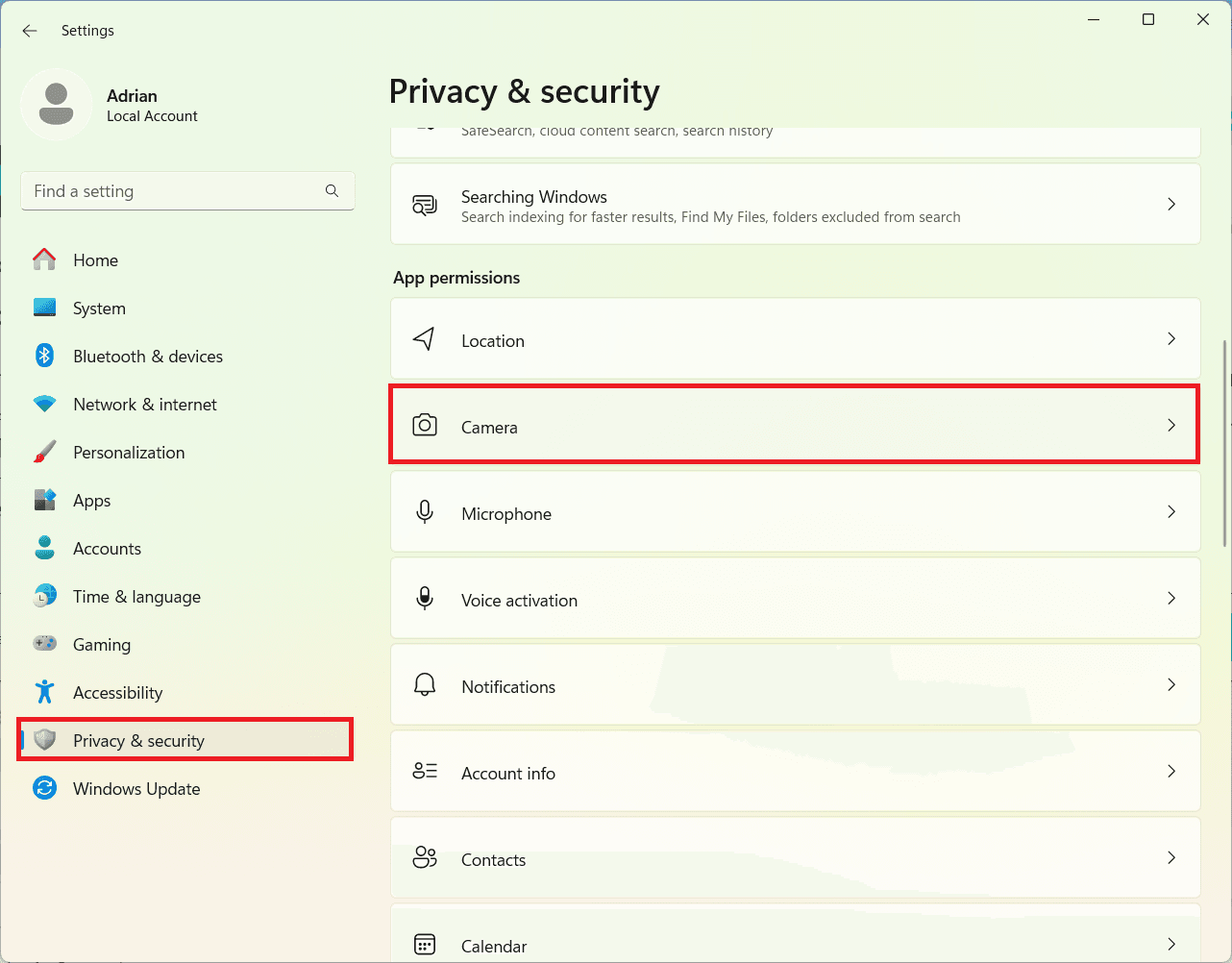 Confidentiality and security camera Windows settings