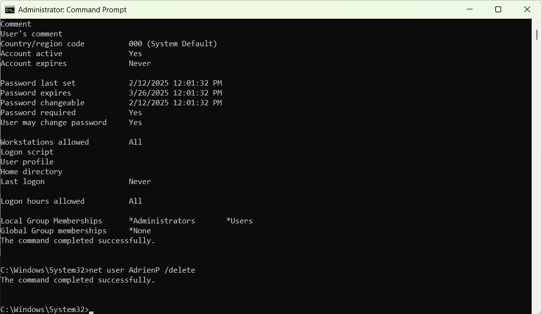 Delete a local user account in Windows