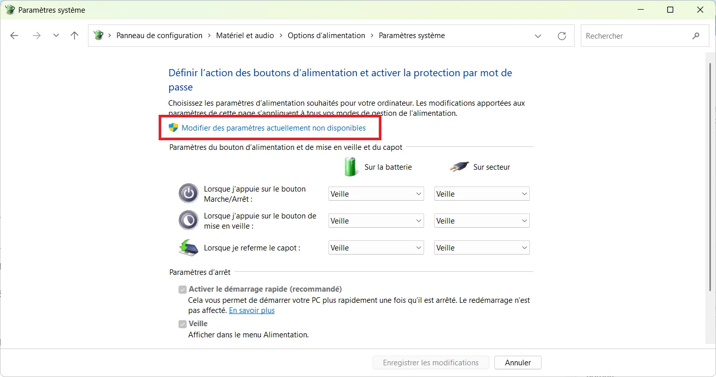 Modifier les paramètres actuellement non disponibles