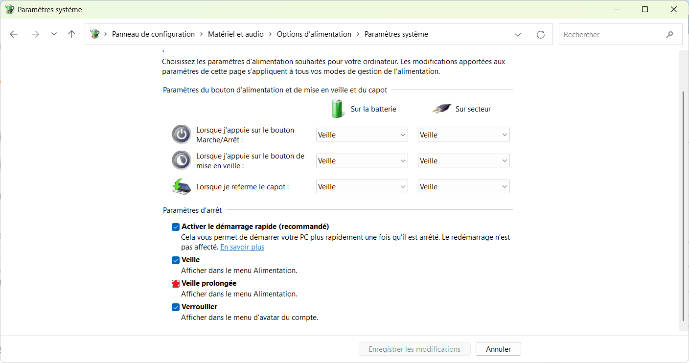 Paramètres d'arrêt veille prolongé