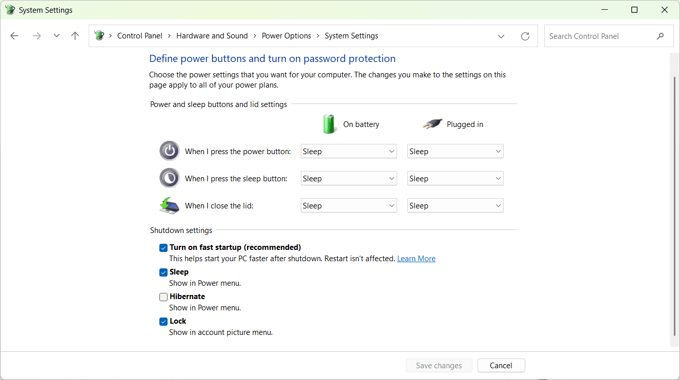 Shutdown and hibernate setting