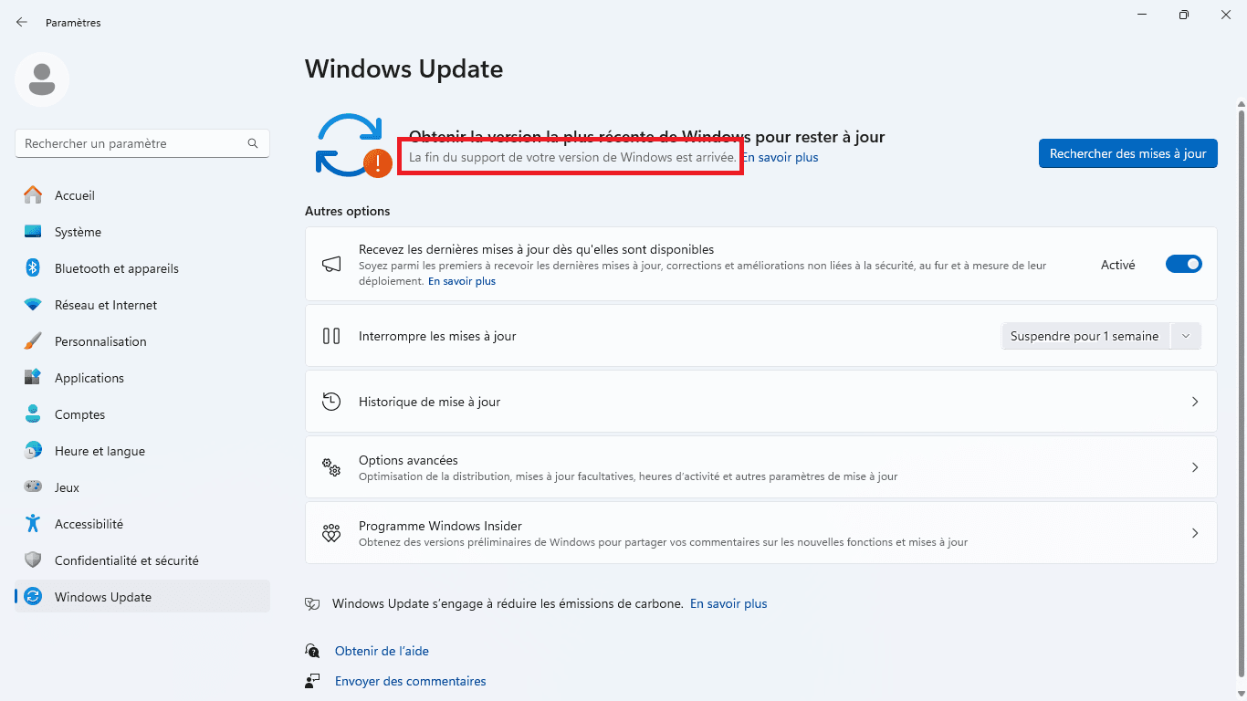 Windows Update mit einer Meldung, die vor einer Einschränkung der Updates auf Windows 11 warnt