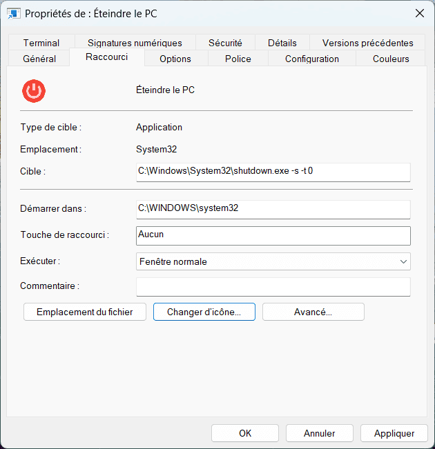 aplpliquer icone raccourci pour éteindre PC