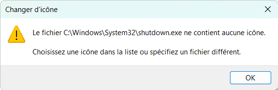 avertissement aucun icone raccourci