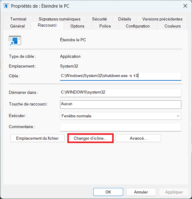 changer icone raccourci bureau