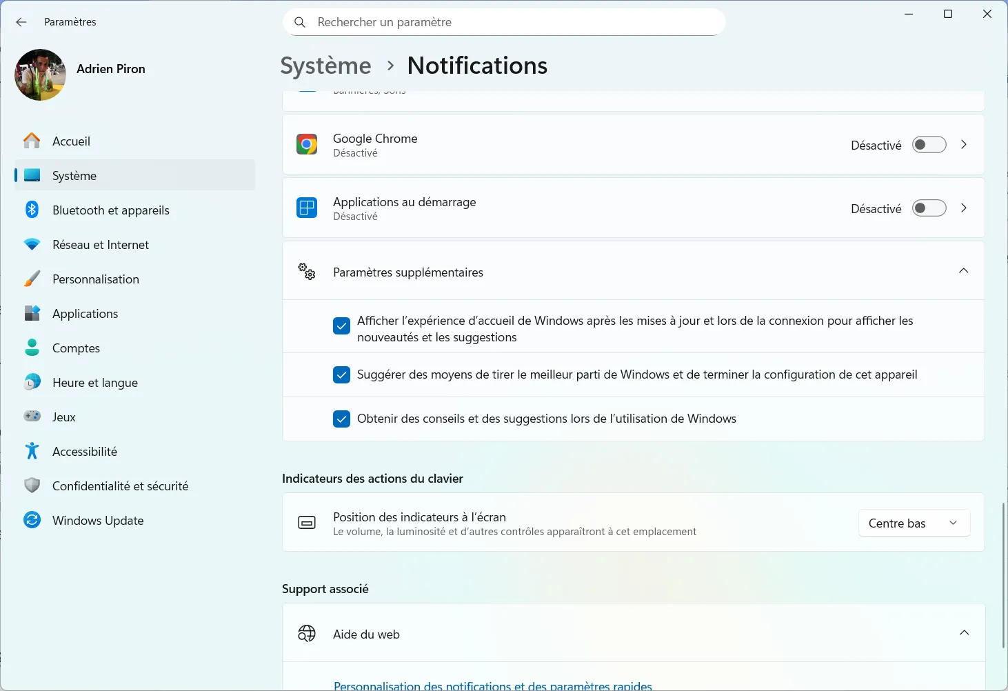 désactiver les notification et suggestions de Microsoft sur Windows 11